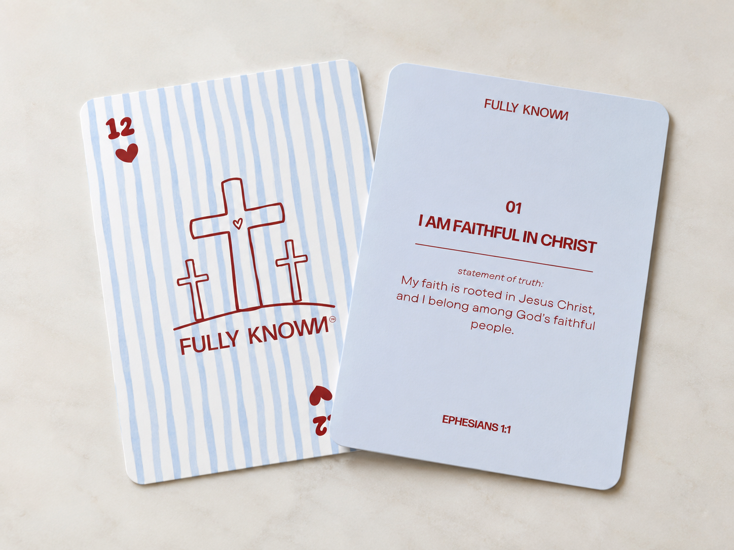 Fully Known declaration card deck showing front and back design.