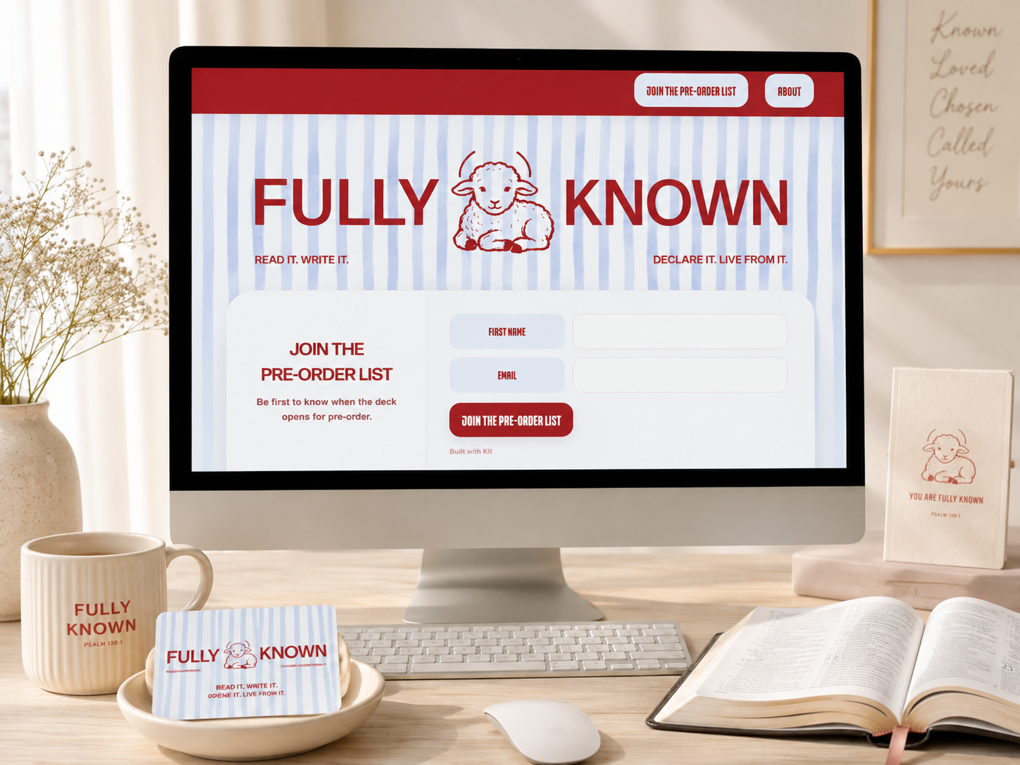 Fully Known website shown on a desktop with branded card deck.