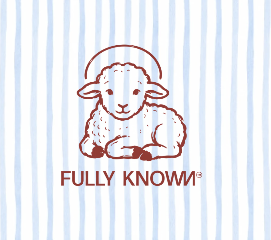 Fully Known lamb logo on soft blue hand-painted vertical stripes