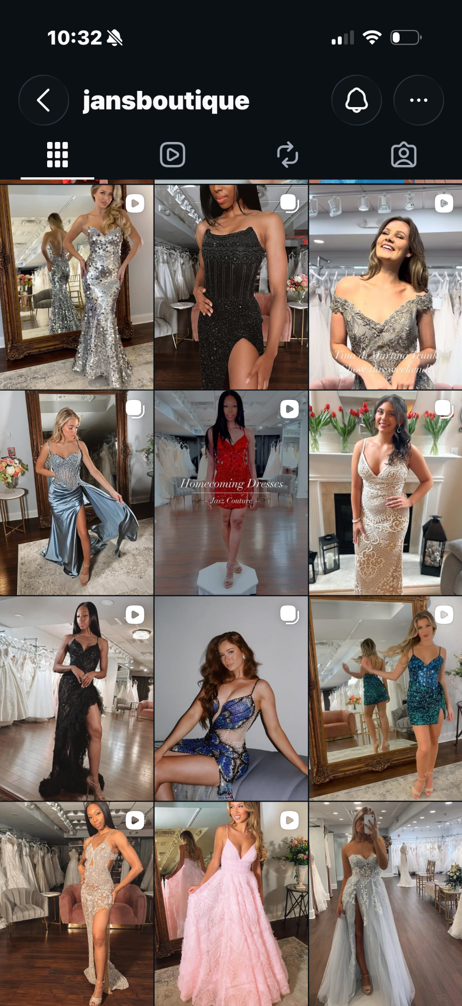 Jan's Boutique Instagram grid featuring prom and eveningwear content.