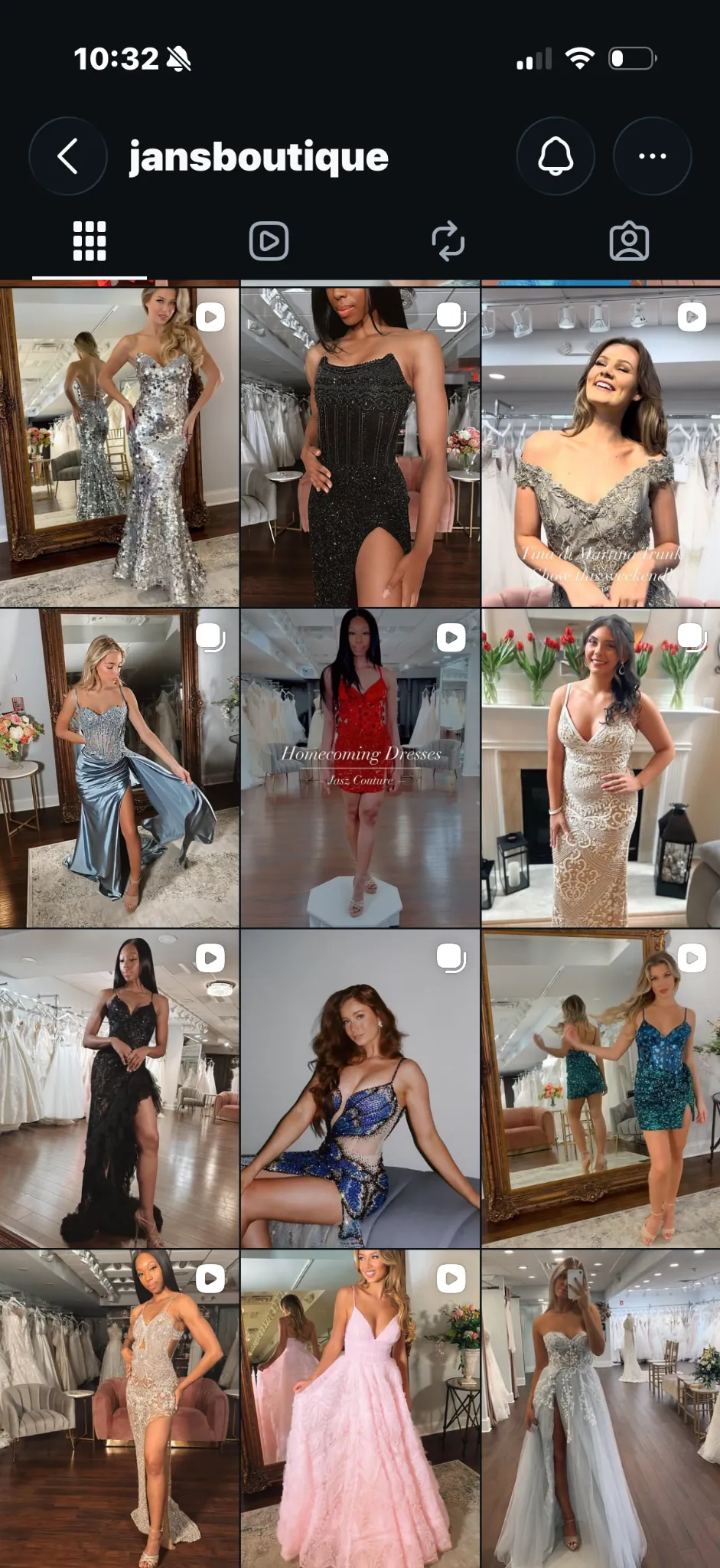 Jan’s Boutique Instagram grid of prom and eveningwear content