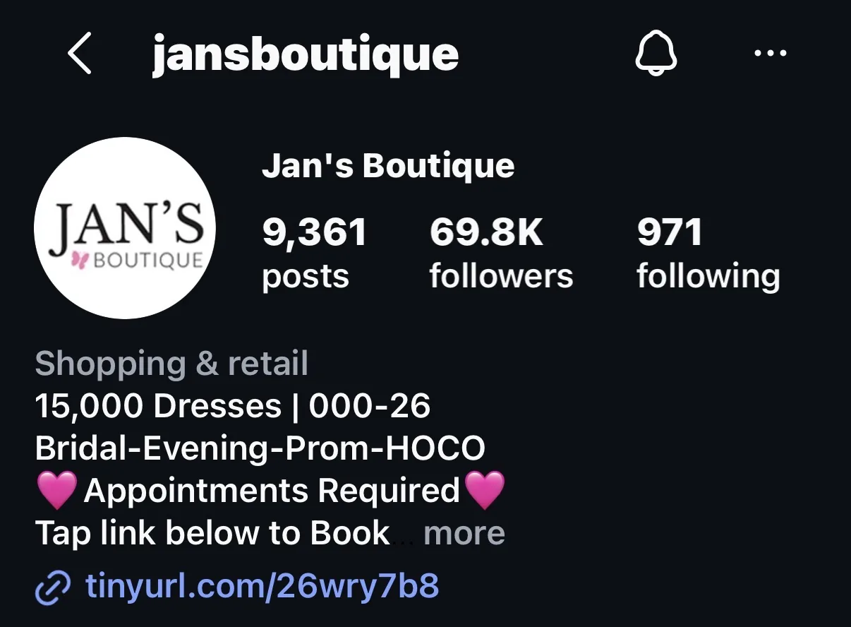 Jan’s Boutique Instagram profile later, 69.8K followers
