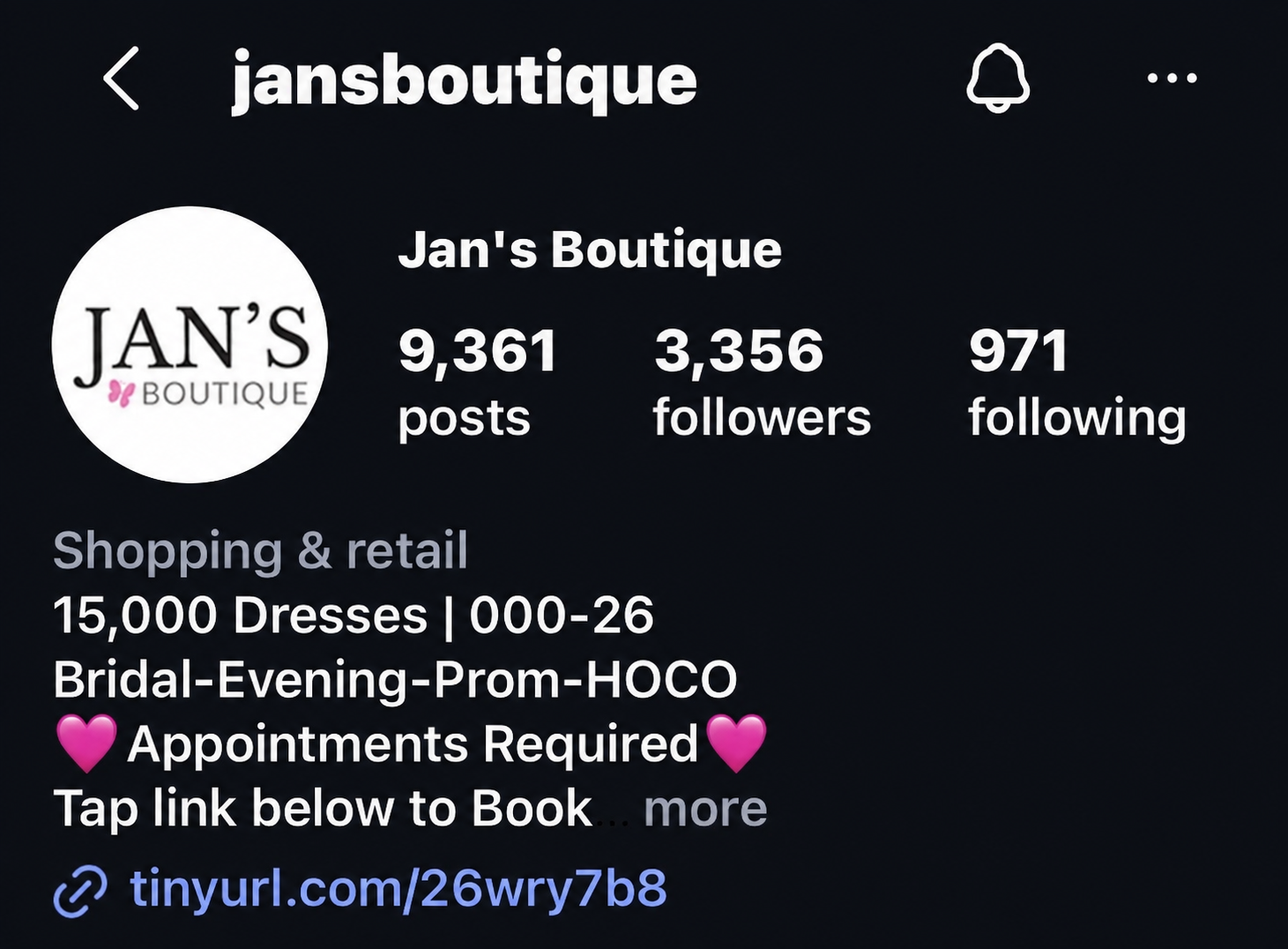Recreated Jan's Boutique Instagram profile snapshot showing 3,356 followers.
