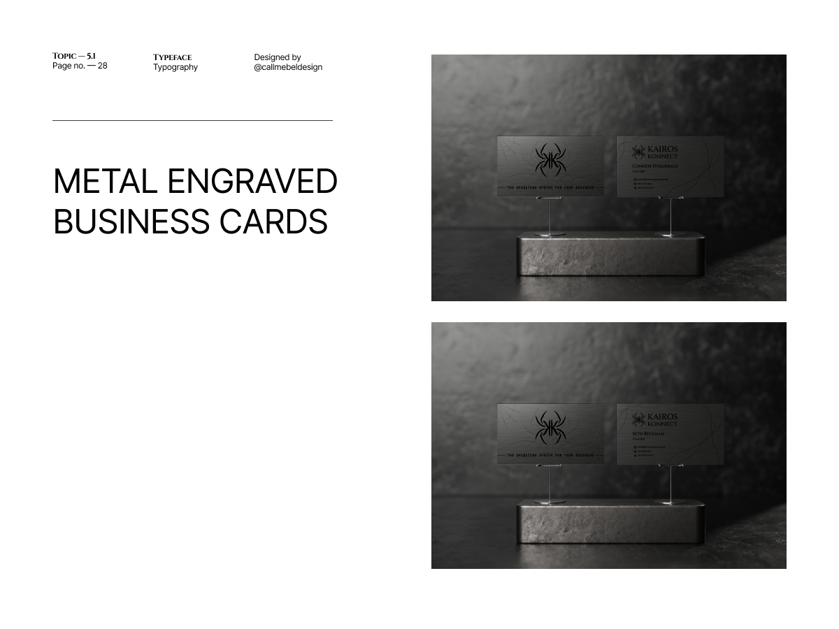 Kairos Konnect metal engraved business card application from the brand guidelines.