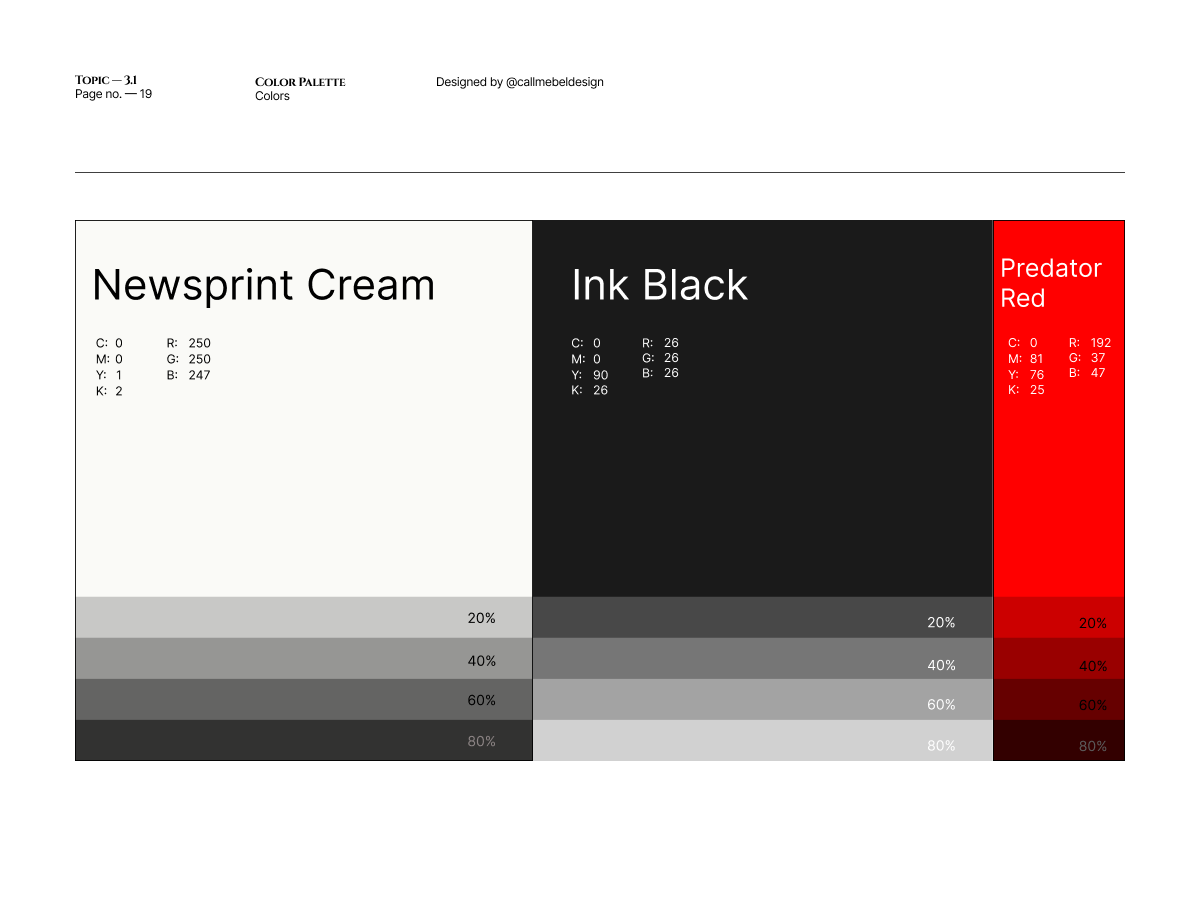 Kairos Konnect newsprint cream, ink black, and predator red color palette.