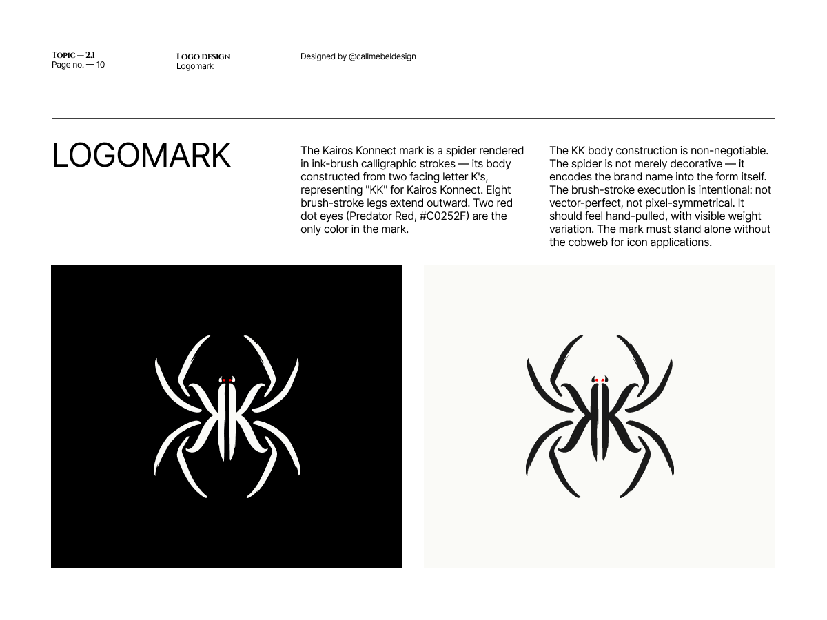 Kairos Konnect brand guidelines showing the KK spider logomark.