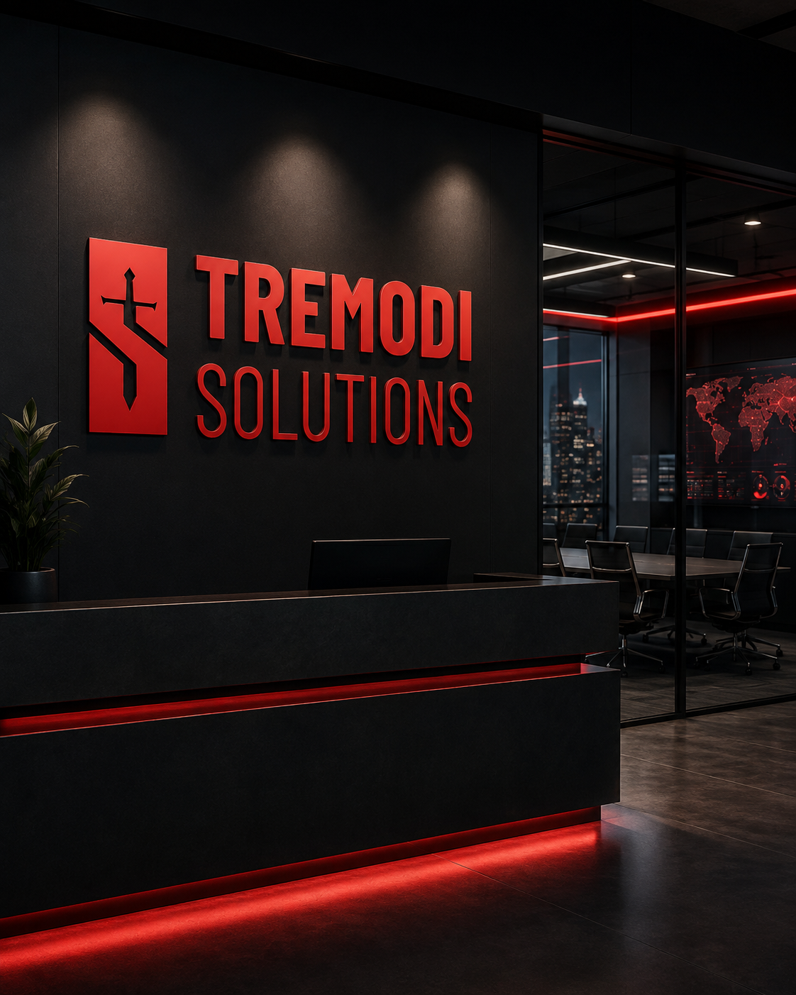Tremodi Solutions office signage in a dark technology workspace.