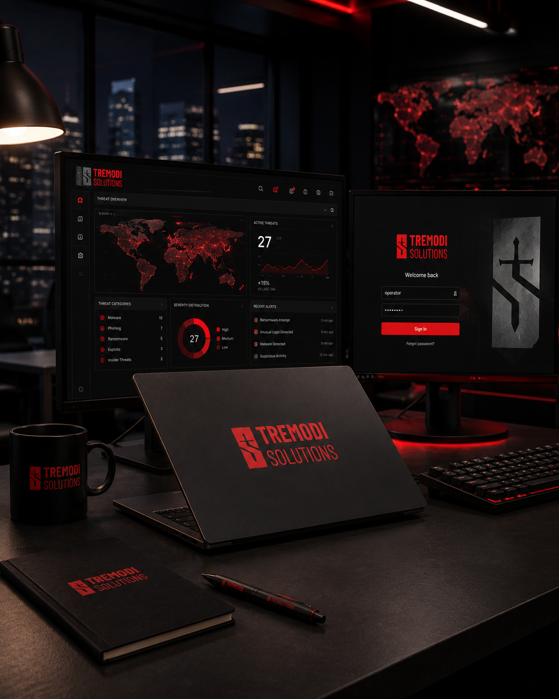 Tremodi Solutions digital cybersecurity dashboard environment.