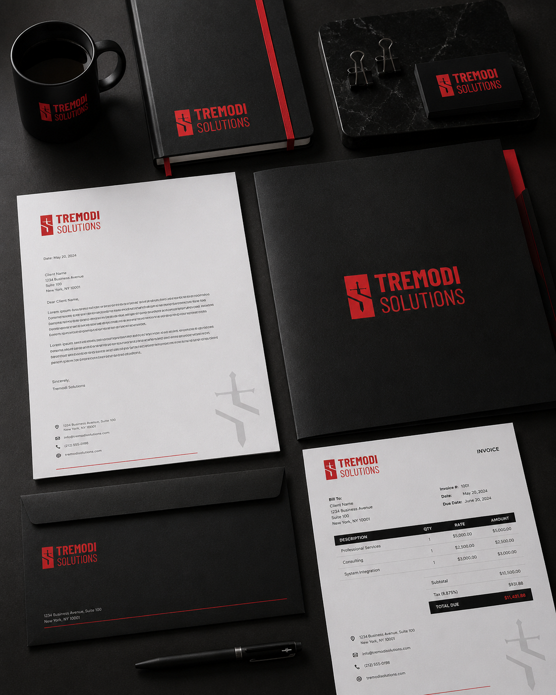 Tremodi Solutions branded stationery and collateral.